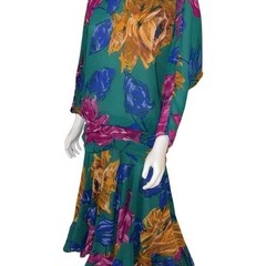 Vintage Kono New York Green/Teal Floral Ruched Dress P2P 22″, Length 46″