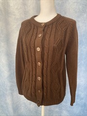 Vintage 1970s Women’s Brown Knit Cabled Acrylic Button Down Cardigan House Coat