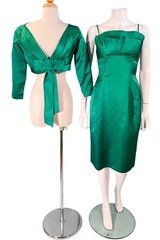 Vintage Saks Fifth Avenue Green Silk Cocktail Dress/Jacket Set S