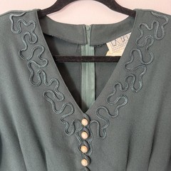 Vintage 1980s Blazer Dress Green Pearl Button Soutache Preppy La Belle 6/S USA
