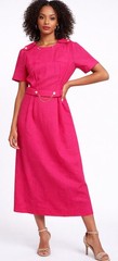 80s Fuchsia Pink Belted Sheath Secretary Dress Gold Chain Military Style Midi
