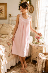 Vintage 80s Glencraft Pink Nightgown sz M V-Neck Sleeveless Lace Trim ILGWU USA