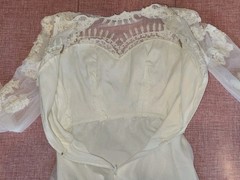 VTG 1970s Beaded Wedding Dress High Neck Illusion Lace Angel Sleeve ILGWU Train