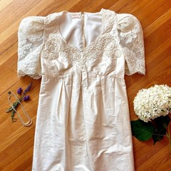 Vintage 70s Handmade Beaded Lace & Silk Cream Wedding Dress Empire Waist Size 12