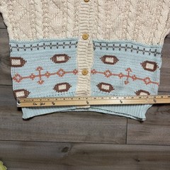 Vintage 80s Cardigan Sweater Women Cream Color Pattern Wood Buttons Pockets