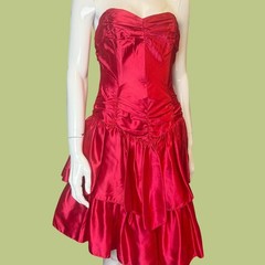 Vintage 1980s Roberta Red Satin Strapless Ruffled Party Dress