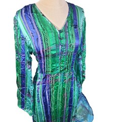 Vintage Anne Crimmins UMI 100% Silk Midi Dress Green Blue Bell Sleeve Size 8