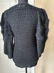 The Upper Half VTG Hand, Crocheted, Black Sweater, Puff Sleeves, Fuzzy Trim, Sm￼