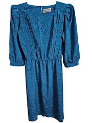 VTG 80s Charlee Allison Tag Sz 13/14 Teal Swirl Geek/Secretary Office Work Dress