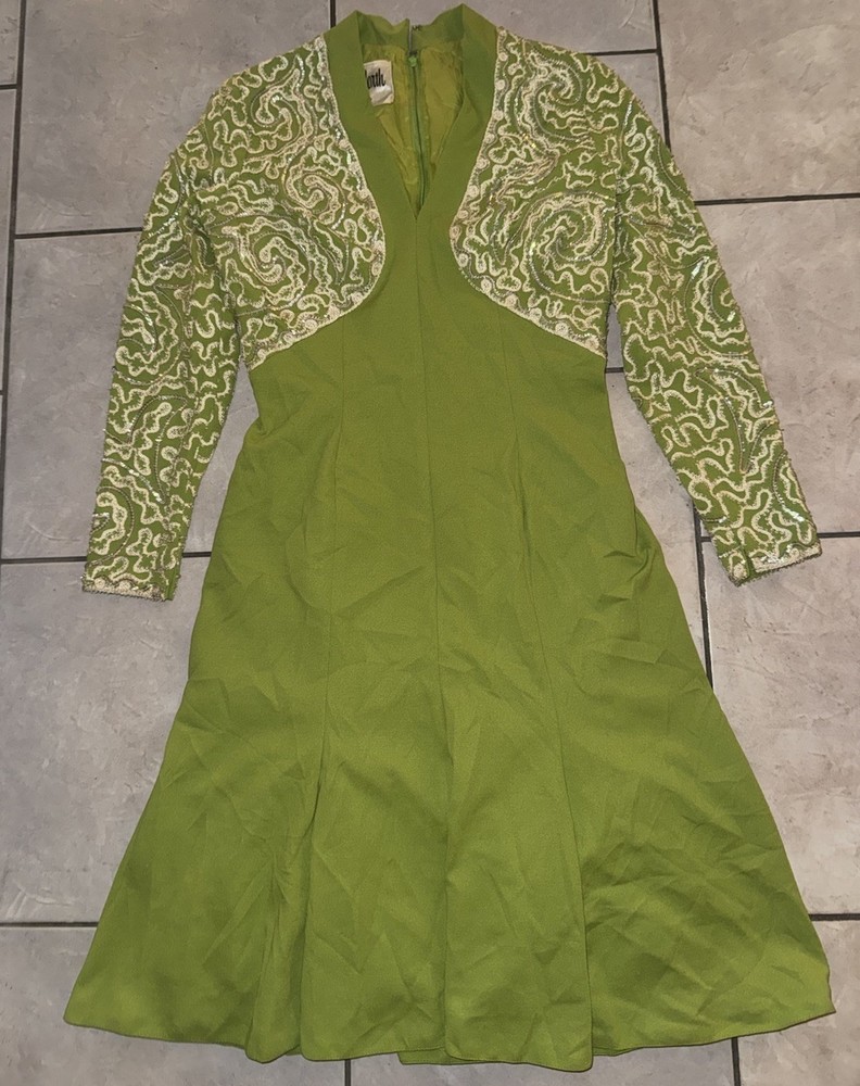 Vtg 1960s Sydney North green cocktail Maxi Dress Sequin beaded long sleeves Sz S