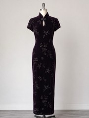 Vintage David Warren Plum Velvet Qipao Cheongsam Dress Size 8 Maxi