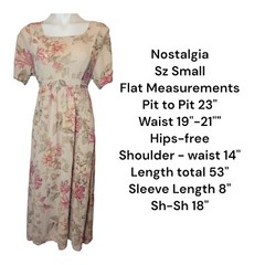 Vtg Nostalgia Beige Floral Long Dress Size Small Short Sleeves Ties In Back