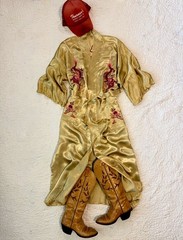 MCM Vintage Gold Dragon Robe Embroidered Lustrous Asian Kimono Lounge 1940s-60s