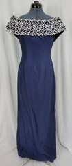 Vtg House of Bianchi Navy Blue Dress w Off the Shoulder White Lace Detail Sz 10