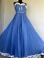VTG 50s 60’s Turquoise Raise Polka Dots Embroidery Ruffle Full Sweep Gown Prom S