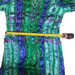 Vintage Anne Crimmins UMI 100% Silk Midi Dress Green Blue Bell Sleeve Size 8