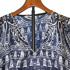 Winlar VTG Caftan MuMu Women OSFA Blue White Abstract Tribal Satin Maxi Dress