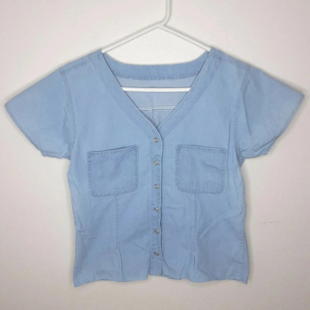 Vintage Western Pearl Snap Blue Top Womens Size Medium M