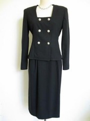 Vintage Adele Simpson 2-Pc Suit Dress 2 XS Rhinestone Buttons Black Wool Crepe