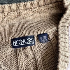 Vintage Honors Women Large Tan Cable Knit V-Neck Striped Ramie Cotton Sweater