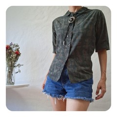 Vtg 50s 60s Penneys Women Small Blouse Olive Green Abstract Print Rockabilly Mod