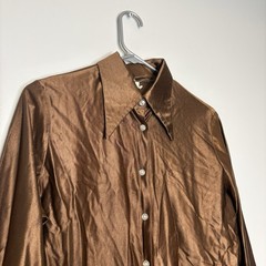 Vintage 70s 80s Copper Enkalure Blouse Womens M Neck Tie Button Retro Silky