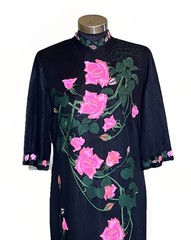 Vintage Alfred Shaheen Asian Inspired Hand Printed Rose Maxi Dress Signed