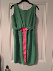 Vintage Green Sheath Dress & Coat Set Linen? Lined Pink Ribbon Rhinestone FLAW