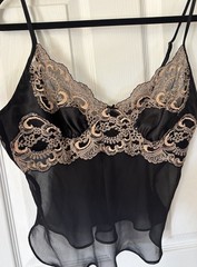 VTG Satin Babydoll Camisole Black Rose Gold Sheer Lace Sexy Whimsygoth 90s Retro