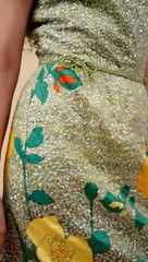 50s 60s Chartreuse Green Floral Sequin Cotton Pin Up Dress Pencil Mod B36-37″