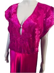 VTG Jenelle of California Fuchsia Hot Pink Floral Satin Long Nightgown Plus 1X