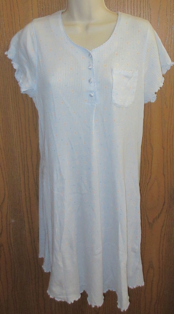 ARIA below KNEE length cotton poly ribbed knit PASTEL dot nightgown sz MEDIUM