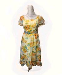Vtg Wm’s 70s Yellow Floral Maxi Dress*Sheer Flutter Sleeve*Lg-photo Measurements
