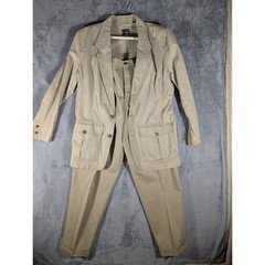 Vintage Liz Sport Khaki Tan Safari Pant Suit Set Shoulder Pads Cotton Size 12
