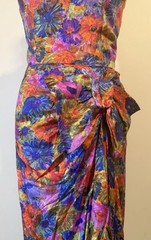 Gorgeous 1950s VTG Satin Floral Sarong Dress Designer Mr. Blackwell Sz XS/S