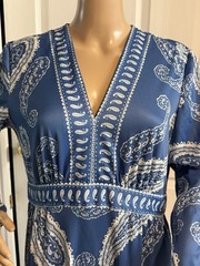 Vintage 70s Hal Ferman Maxi Dress M Blue Paisley Hostess Hippie Union Label