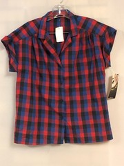 VTG 80s 90s Item Eyes Plaid Button Up Blouse Top Red Blue Gingham Womens Sz 8 US