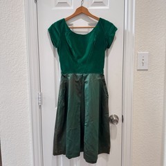Vintage 50s 60s Emerald Green Velvet Satin Party Cocktail Dress Big Bow Back XS