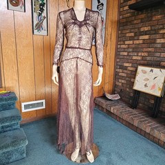 Vtg 30s Black Gothic Spiderweb Lace Maxi Dress Bias Cut Wedding Gown As Is XS/S