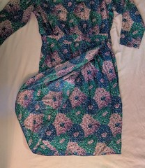 Designer Norah Noh VTG Silk Women Dress Sz 8P Impressionist Blue Green Chic Midi