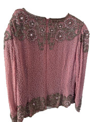 Vintage Bernadette Beaded Blouse Shirt Pink & Silver Long Sleeve Silk 2X