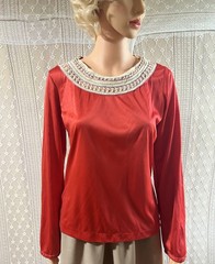 Vintage 60s 70s Crochet Top With Red Satin Blouse Long Sleeve Nancy Grey Light
