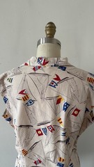 1940s 50s Sailboat Novelty Print Sailcloth Cotton Sportswear Blouse Fitted M/L