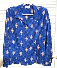 Evan Picone Women’s Top Career Blouse Blue Print Button Size 14 Large 80’s VTG