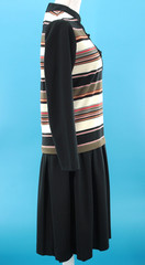 VTG Women’s 60s Black Cream & Red Striped Drop Waist Midi Dress Sz M 1960s
