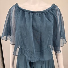 Vintage 1970s Themes Blue Chiffon Flutter Cape Disco Maxi Dress (Size 6/S)