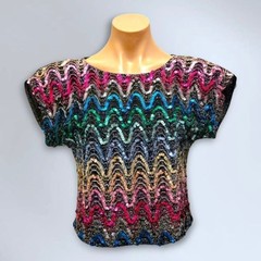 Vintage 1980s Rio Blouse Multicolor Rainbow Zigzag Sequin Party Top Made in USA