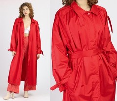Vintage 80s Paris Sport Club Red Belted Long Nylon Trench Coat Women’s 7/8 M