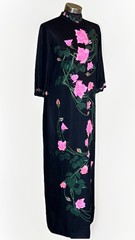 Vintage Alfred Shaheen Asian Inspired Hand Printed Rose Maxi Dress Signed