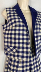 Vintage 1960s blue white check skirt vest set S sleeveless wool outfit navy top